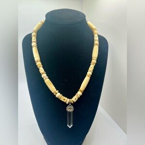 Vintage Bone Bead Necklace Sterling Silver Rock Crystal Quartz Pendant